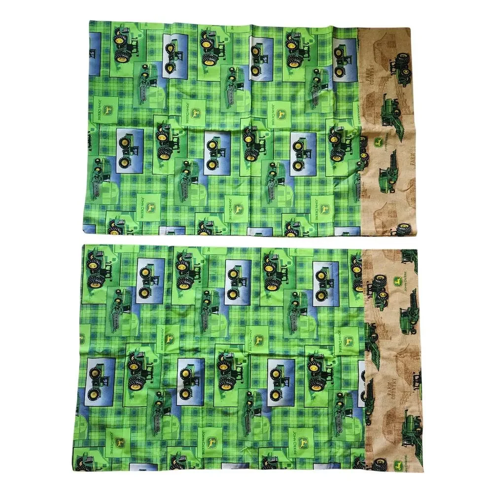 Handmade John Deere Pillow Case Pair x2 Green Farm Tractors 20